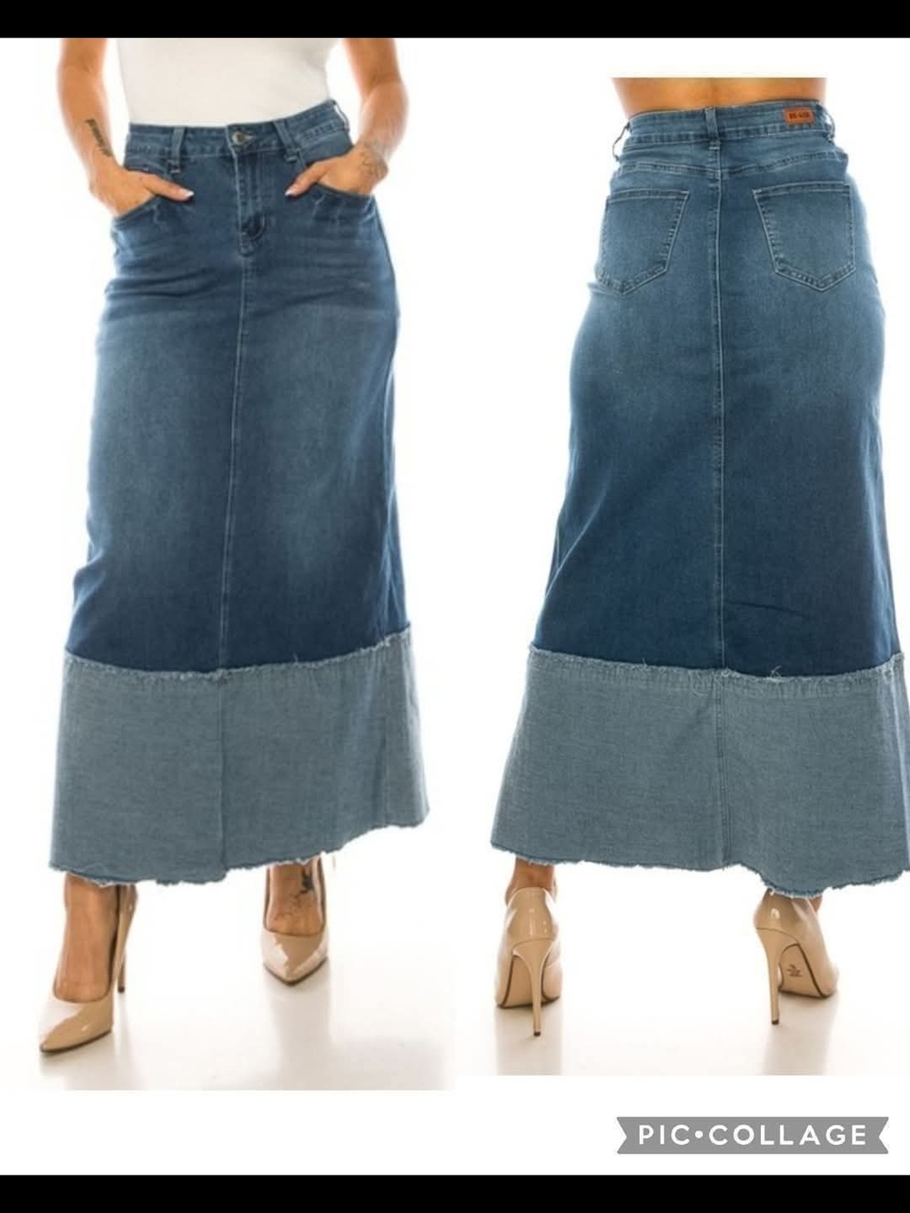 Two-Tone Blue Denim Maxi Skirt with Contrast Hem